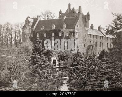 A late 19th century view of Cawdor Castle in Nairnshire, Scotland. It was built around a 15th-century tower house, with substantial additions in later centuries. Originally a property of the Calder family, it passed to the Campbells in the 16th century and remains in Campbell ownership. The castle is perhaps best known for its literary connection to William Shakespeare's tragedy Macbeth, in which the title character is made 'Thane of Cawdor'. However, the castle, never directly referred to in Macbeth, was built many years after the life of the 11th-century King Macbeth. Stock Photo