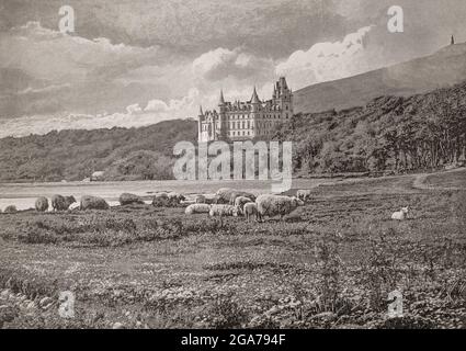 A late 19th century view of Dunrobin Castle, a stately home in Sutherland, in the Highland area of Scotland. The family seat of the Earl of Sutherland and the Clan Sutherland, it's origins lie in the Middle Ages and some of the original building is visible in the interior courtyard. Between 1835 and 1850, Sir Charles Barry remodelled the castle in the Scottish Baronial style for the 2nd Duke of Sutherland. Stock Photo