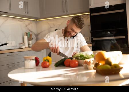 Man talking on mobile phone and cutting cucumber Stock Photo