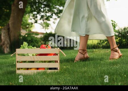 cropped view of woman in dress standing near wooden container with vegetables on grass Stock Photo