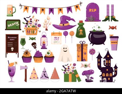 A big vector set for Halloween. Flat design. Cartoon template for invitations, advertisements, posters, banners, party, postcards. Bright cute Stock Vector