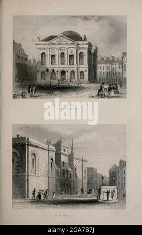 London The Sessions House, Clerkenwell (top) Old Bailey [Central Criminal Court of England and Wales] (Bottom) From the book Illustrated London, or a series of views in the British metropolis and its vicinity, engraved by Albert Henry Payne, from original drawings. The historical, topographical and miscellanious notices by Bicknell, W. I; Payne, A. H. (Albert Henry), 1812-1902 Published in London in 1846 by E.T. Brain & Co Stock Photo