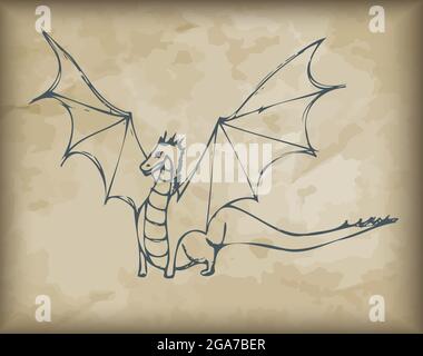A dragon, a fantastic creature. Hand-drawn vector illustration on old paper. Stock Vector