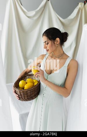 woman in dress holding ripe lemons in wicker basket on white Stock Photo