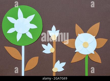 Brown background with paper cut flowers. Flat lay, top view. Stock Photo