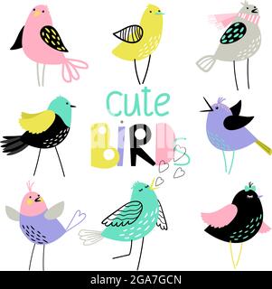 Cute set with different beautiful colored birds Stock Vector
