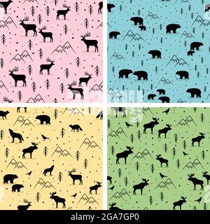 Four cute seamless patterns with wild animals Stock Vector