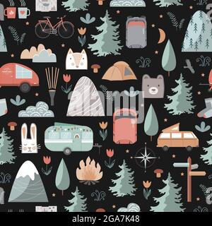 Hand drawn night seamless pattern with summer camping equipment. Trailers, mountains, trees, and tourist objects in Scandinavian style. Cartoon vector Stock Vector