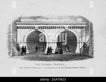 The Thames Tunnel is a tunnel beneath the River Thames in London, connecting Rotherhithe and Wapping. It measures 35 feet (11 m) wide by 20 feet (6 m) high and is 1,300 feet (396 m) long, running at a depth of 75 feet (23 m) below the river surface measured at high tide. It is the first tunnel known to have been constructed successfully underneath a navigable river and was built between 1825 and 1843 by Marc Brunel and his son Isambard using the tunnelling shield newly invented by the elder Brunel and Thomas Cochrane. The tunnel was originally designed for horse-drawn carriages, but was mainly Stock Photo