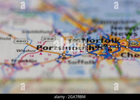 Portsmouth Virginia shown on a road map or Geography map Stock Photo