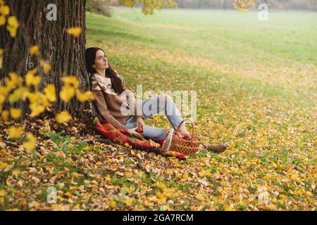 Young woman sitting under autumn tree leaning on trunk in autumn park. Stock Photo