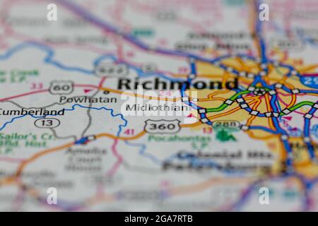 Midlothian Virginia shown on a road map or Geography map Stock Photo ...