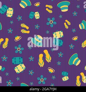 Luxury vector travel seamless pattern background. Suitcases, flip flops, cowrie shells, suitcases backdrop. Gold purple repeat with vacation icons Stock Vector