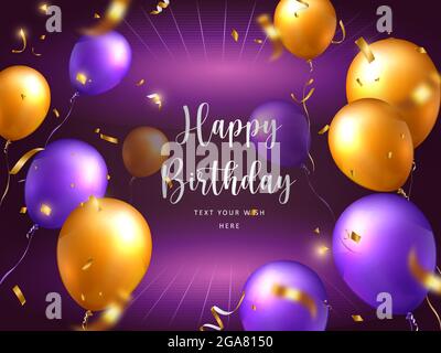Elegant golden yellow purple ballon and party popper ribbon perspective background Happy Birthday celebration card banner template Stock Vector