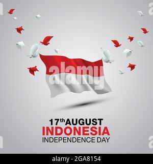 happy independence day Indonesia. 3d flag with flying pigeon. vector illustration design Stock Vector