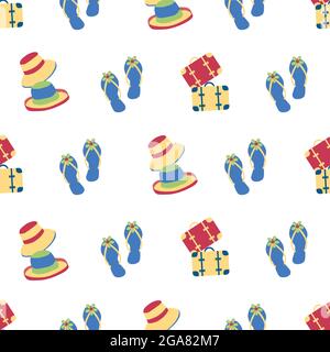 Vector travel fun seamless pattern background with flip flops, hats, suitcases, Tropical fun repeat with blue, yellow, red, vacation icons on white Stock Vector