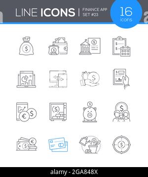 Finance app - line design style icons set. Financial management and budget. Income, wallets, bank account, analytics. Debts, currency, emergency fund. Stock Vector