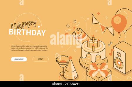 Happy birthday - line design style isometric web banner. Header with holiday celebration symbols, festival elements. Flags, hat, cake, balloons, prese Stock Vector
