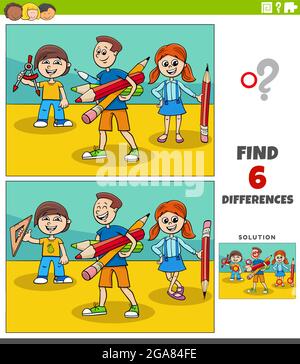 Cartoon illustration of finding the differences between pictures educational game with pupils children Stock Vector