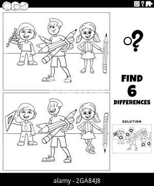 Black and white cartoon illustration of finding the differences between pictures educational game with pupils children coloring book page Stock Vector