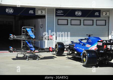 July 29th, 2021, Hungaroring, Budapest, Formula 1 Grand Prix Grosser Preis von Hungary 2021, in the picture Fernando Alonso's car (ESP # 14), Alpine F1 Team with 2 additional front wings.