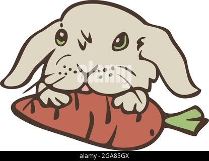 Vector illustration of little rabbit with carrot in his paws. Design with cute bunny for sticker, postcard, children books. Stock Vector