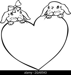 Vector illustration with two bunnies on heart. Design for coloring book, valentine, postcard. Stock Vector