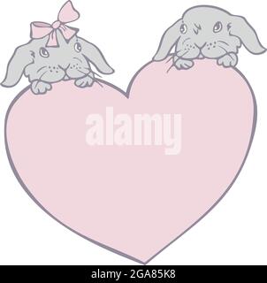 Vector illustration with two rabbits on heart. Design for valentine. Stock Vector