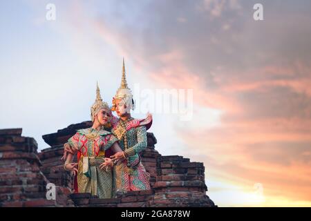 Khon is traditional dance drama art of Thai classical masked.Art culture Thailand Dancing in masked khon in literature Ramayana,Thailand. Stock Photo