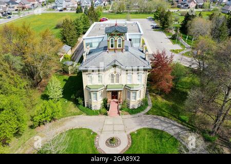 An aerial of Castle Kilbride, a historic home in Baden, Ontario, Canada Stock Photo