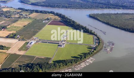 Aerial View of Fraser River and Farms in Pitt Meadows Stock Photo