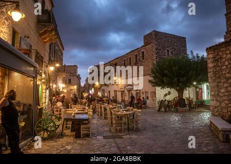 The beautiful town of Areopoli with traditional architectural buildings and stoned houses in Laconia, Greece Stock Photo