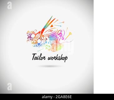 Spool with threads and sewing button. Doodle style Stock Vector