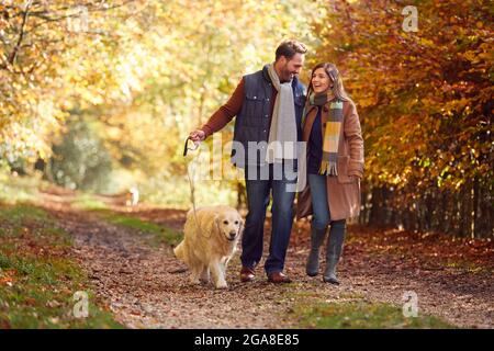 Couple Take Pet Golden Retriever Dog For Walk On Track In Autumn Countryside Holding Hands Stock Photo