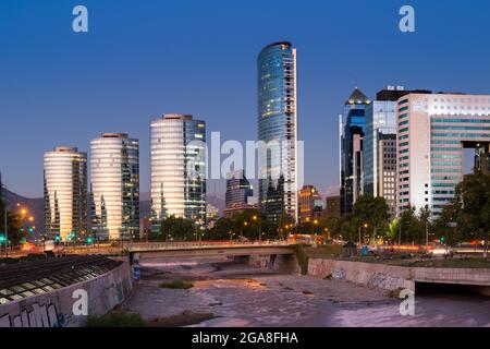 Santiago, Region Metropolitana, Chile -Skyline of modern office buildings at financial district in Santiago. Stock Photo
