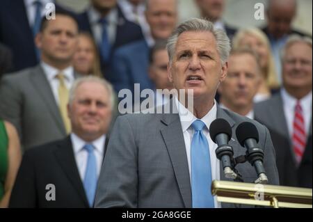 Washington, United States. 29th July, 2021. House Minority Leader Kevin McCarthy, R-Calif., and other House Republicans hold a news conference to discuss President Biden and Speaker of the House Nancy Pelosi, D-Calif., before the district work period begins in August at the US Capitol in Washington, DC., on Thursday, July 29, 2021. Photo by Bonnie Cash/UPI Credit: UPI/Alamy Live News Stock Photo