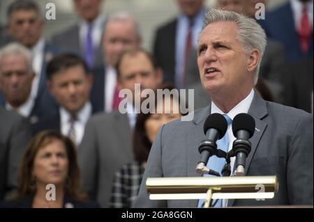 Washington, United States. 29th July, 2021. House Minority Leader Kevin McCarthy, R-Calif., and other House Republicans hold a news conference to discuss President Biden and Speaker of the House Nancy Pelosi, D-Calif., before the district work period begins in August at the US Capitol in Washington, DC., on Thursday, July 29, 2021. Photo by Bonnie Cash/UPI Credit: UPI/Alamy Live News Stock Photo