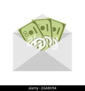 Postal paper open envelope with currency inside isolated on white background.Dollars in paper envelope icon in flat style.The concept of salary, Stock Vector