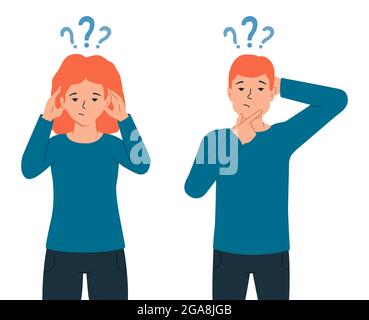 A man and a woman think together, have problems in choosing the right solution, The concept of thinking people. Couple man and woman confused. Vector Stock Vector