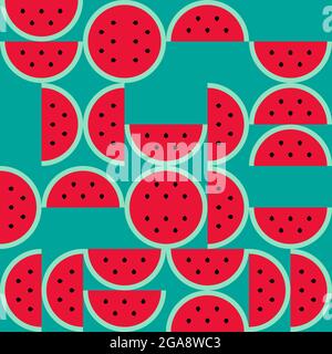 Watermelon summer pattern. Geometrical watermelon. Green background. Square format. Vector illustration, flat design Stock Vector