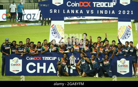 Colombo, Si Lanka. 29th July, 2021. Sri Lankan team Members pose with the winners trophy at the end of the Third T20 match between India and Sri Lanka at the R.Premadasa Stadium in Colombo on July 29, 2021. (Credit Image: © Pradeep Dambarage/ZUMA Press Wire) Stock Photo