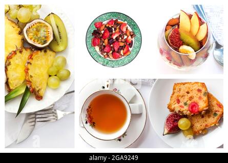 Collage of various meals and ingredients for an healthy breakfast Stock Photo