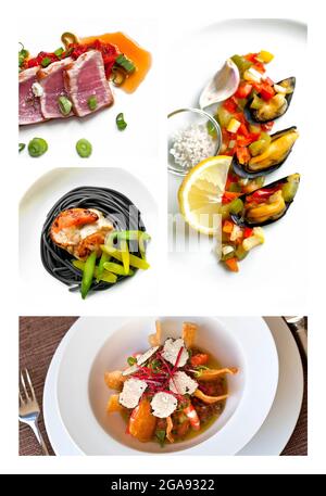 Collage of various sea food dishes on plates Stock Photo