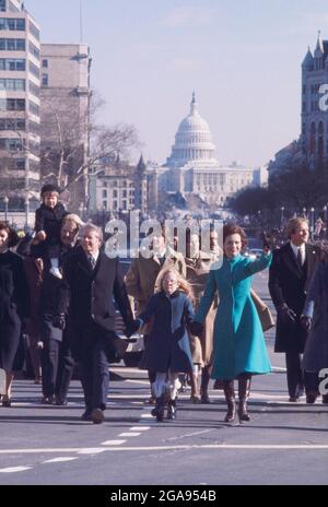 U.S. President Jimmy Carter, daughter Amy and First Lady Rosalynn Carter walking in Inaugural Parade, Washington, D.C., USA, Bernard Gotfryd, January 20, 1977 Stock Photo