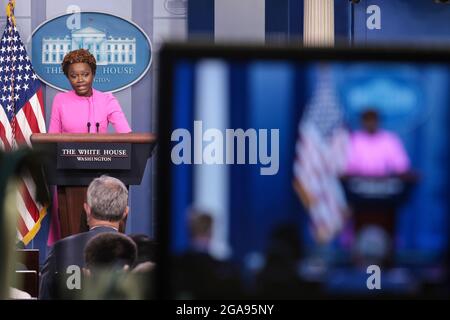 Washington, DC. 29th July, 2021. Principal Deputy Press Secretary Karine Jean-Pierre talks to reporters during the daily press briefing in the Brady Press Briefing Room of the White House on Thursday, July 29, 2021 in Washington, DC. Credit: Oliver Contreras/Pool via CNP/dpa/Alamy Live News Stock Photo