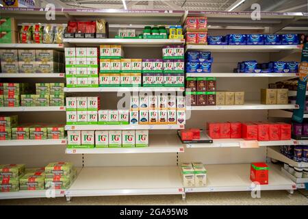 Taplow, Buckinghamshire, UK. 29th July, 2021. Some customers have been panic buying leaving some gaps in the shelves of tea, however, Sainsbury's Supermarket in Taplow was well stocked this morning. There are some supply chain issues in general with supermarkets due to HGV lorry driver shortages as well as supply chain production staff having to self isolate due to having been pinged by the Covid-19 NHS Track and Trace app19 Stock Photo
