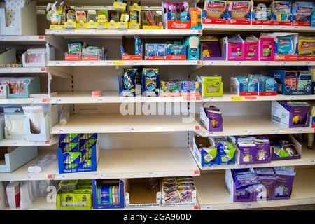 Taplow, Buckinghamshire, UK. 29th July, 2021. Some customers have been panic buying cleaning products leaving some gaps in the shelves, however, Sainsbury's Supermarket in Taplow was well stocked this morning. There are some supply chain issues in general with supermarkets due to HGV lorry driver shortages as well as supply chain production staff having to self isolate due to having been pinged by the Covid-19 NHS Track and Trace app19 Stock Photo