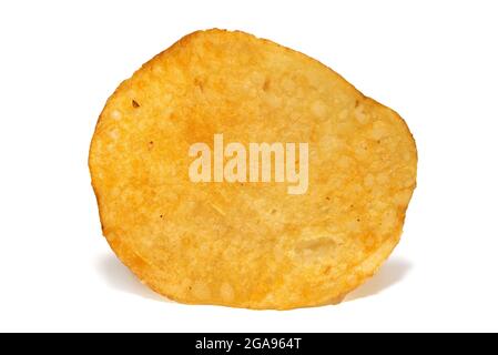 Crisps. Potato chips. One of the chips is a close-up on a white background. Stock Photo