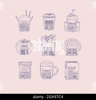 Set of set of storefront confectionary, coffee, bakery, vegetable, book, asian food, pharmacy, bar, fish shop drawing in vintage style with blue lines Stock Vector