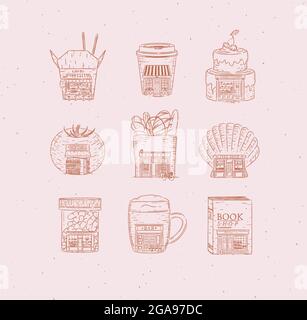 Set of set of storefront confectionary, coffee, bakery, vegetable, book, asian food, pharmacy, bar, fish shop drawing in vintage style on shops peach Stock Vector